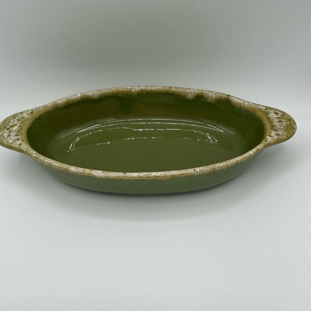 Hull Pottery Avocado Drip, Oval Baking Dish Oven Proof ca 1960 USA